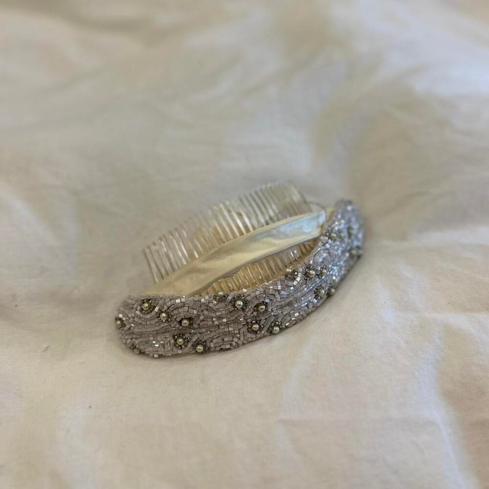 Vintage Beaded Bridal Headpeace Hairpiece Comb Silver Beaded